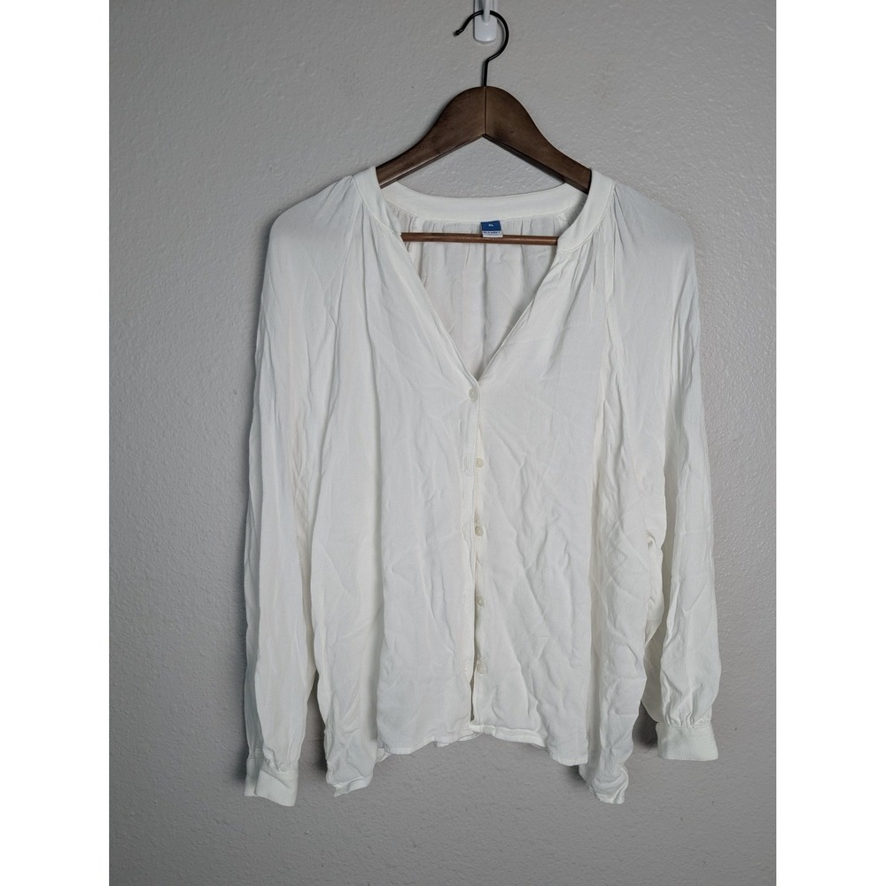 Old Navy Blouse Womens XL‎ White V-Neck Long Sleeve Button Front Rayon Relaxed
